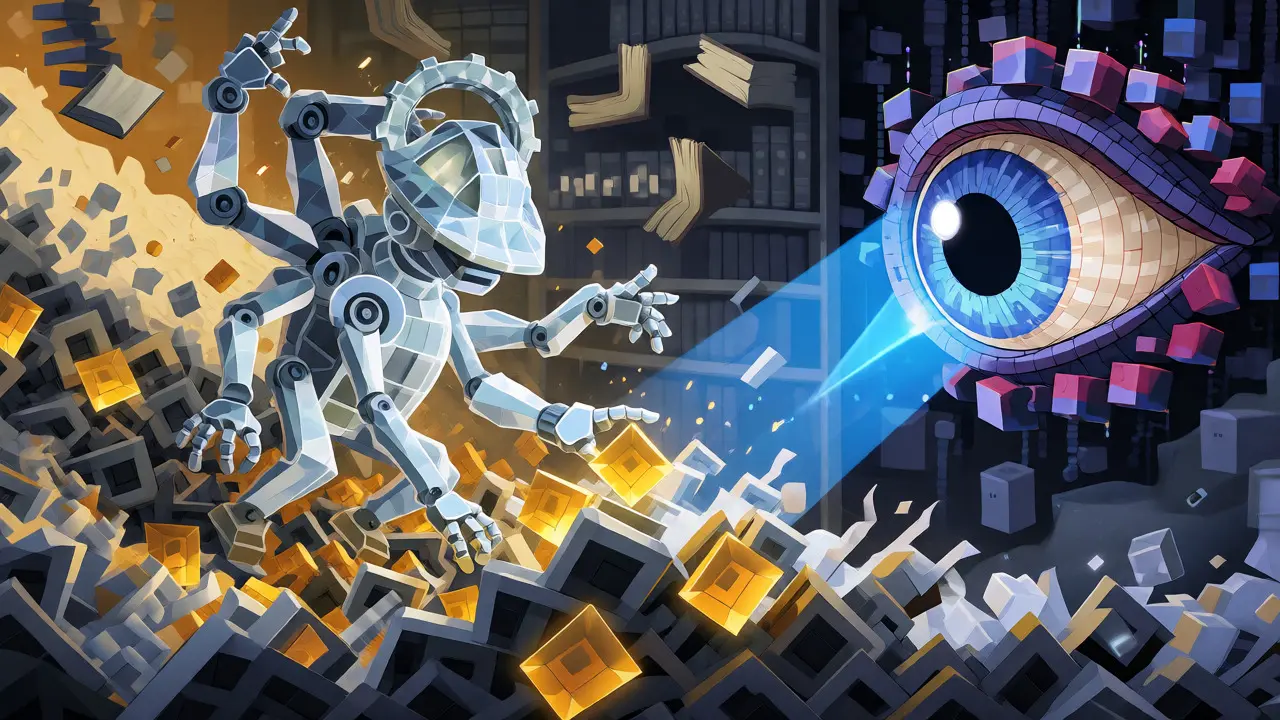 Crystal robot sorting data shapes under a giant digital eye's gaze.