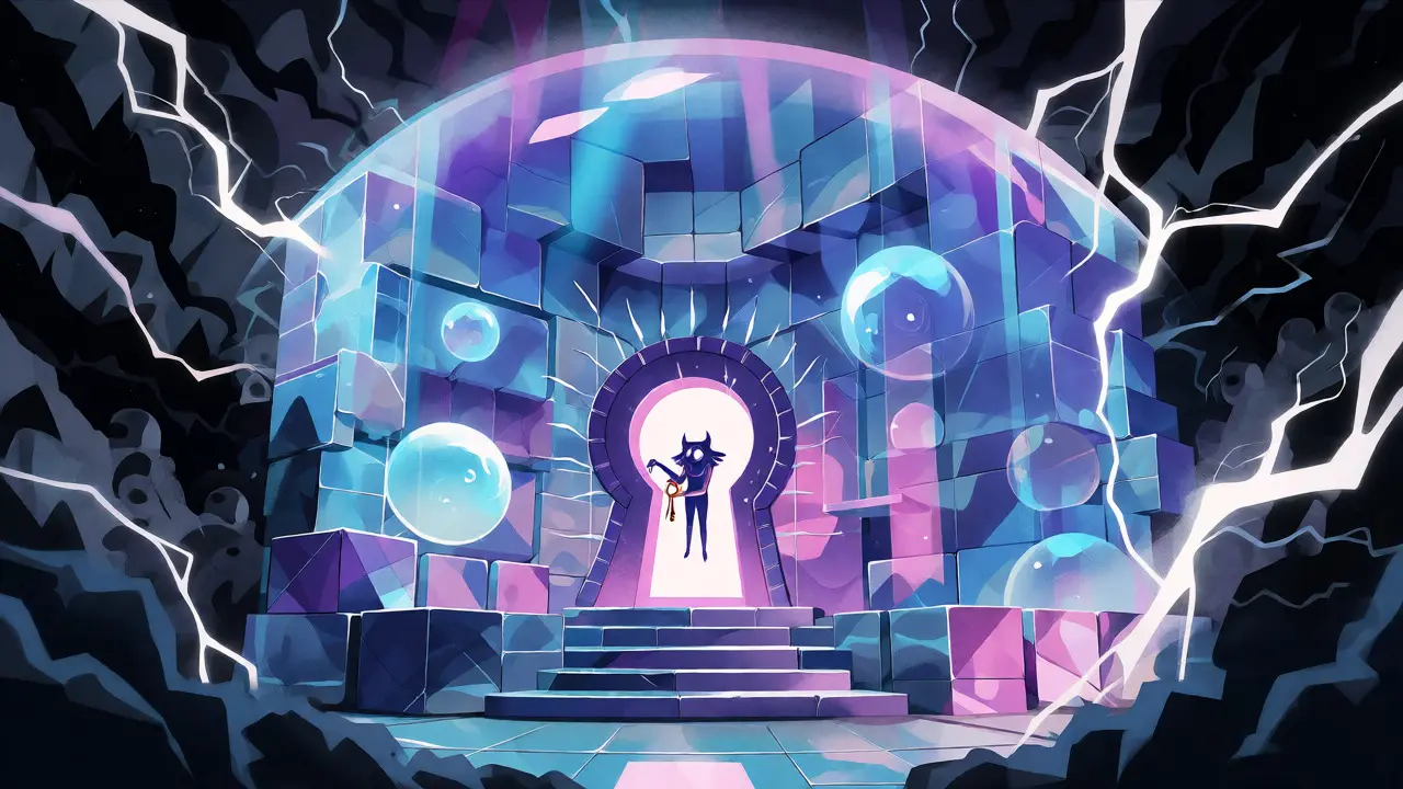 Crystalline vault protected by a light dome, shielding glowing assets from external lightning storms.