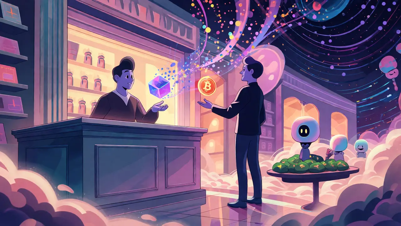 Futuristic surreal marketplace where digital assets flow seamlessly