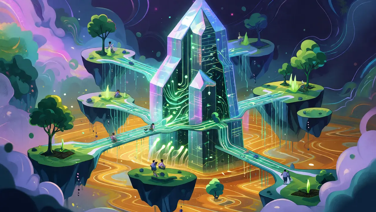 Futuristic surreal scene of a crystal skyscraper linked to liquidity pools via light bridges.