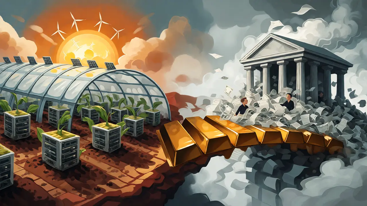 Illustration contrasting a green-energy mining farm with a dissolving traditional bank.