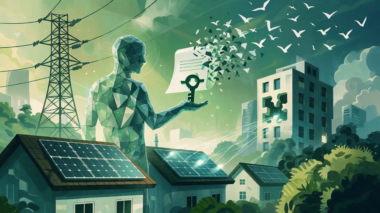 Illustration of secure healthcare data access and peer-to-peer solar energy trading via blockchain.