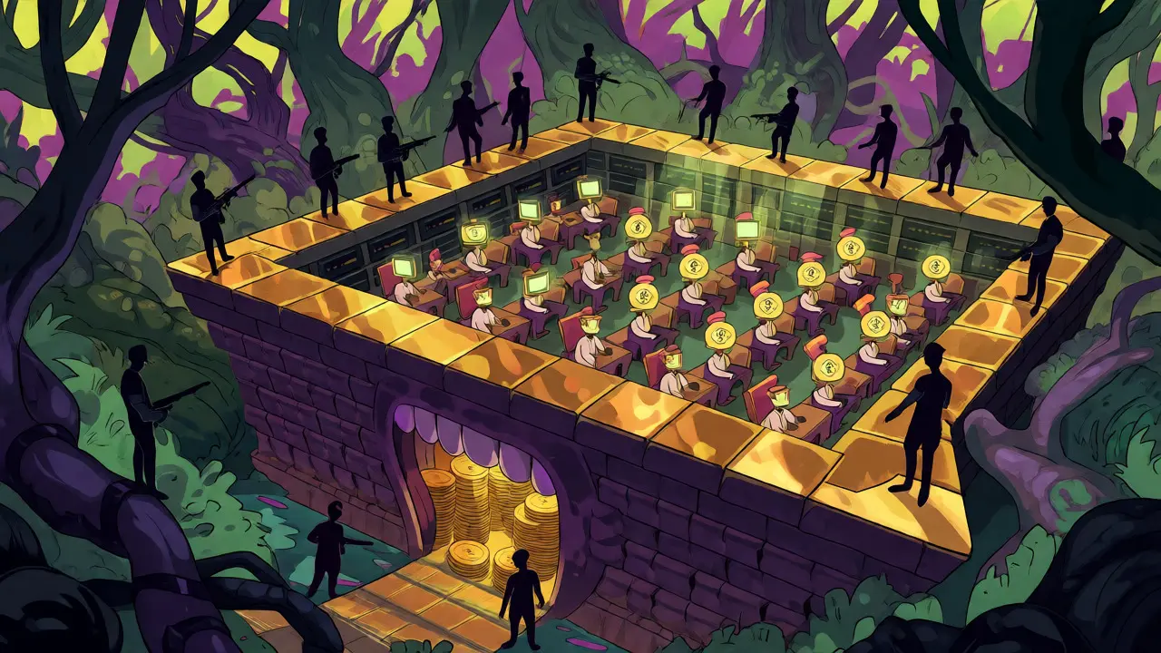 Jungle fortress made of gold and servers with trapped worker figures inside