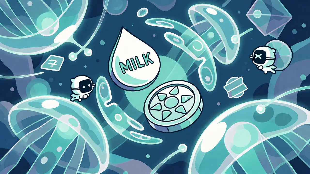 MILK and ADA tokens dancing in a glowing liquidity pool scene