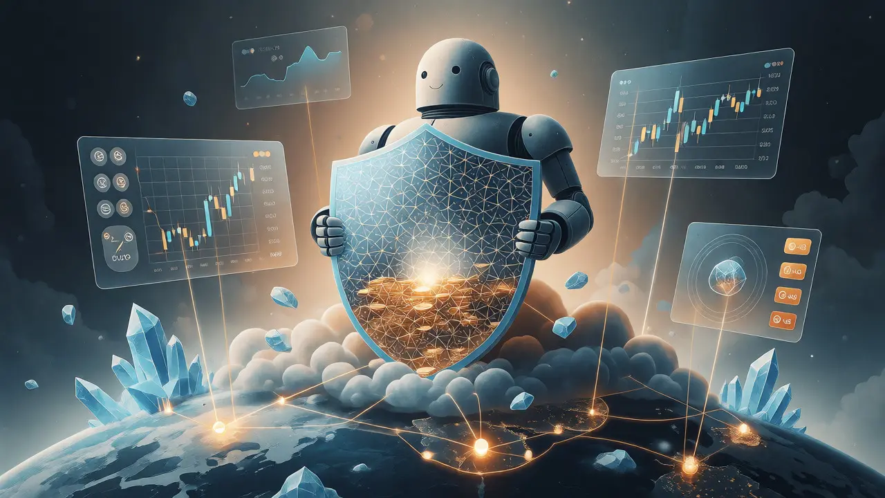 Robotic guardian protecting crypto assets with Merkle tree shields in a surreal setting.