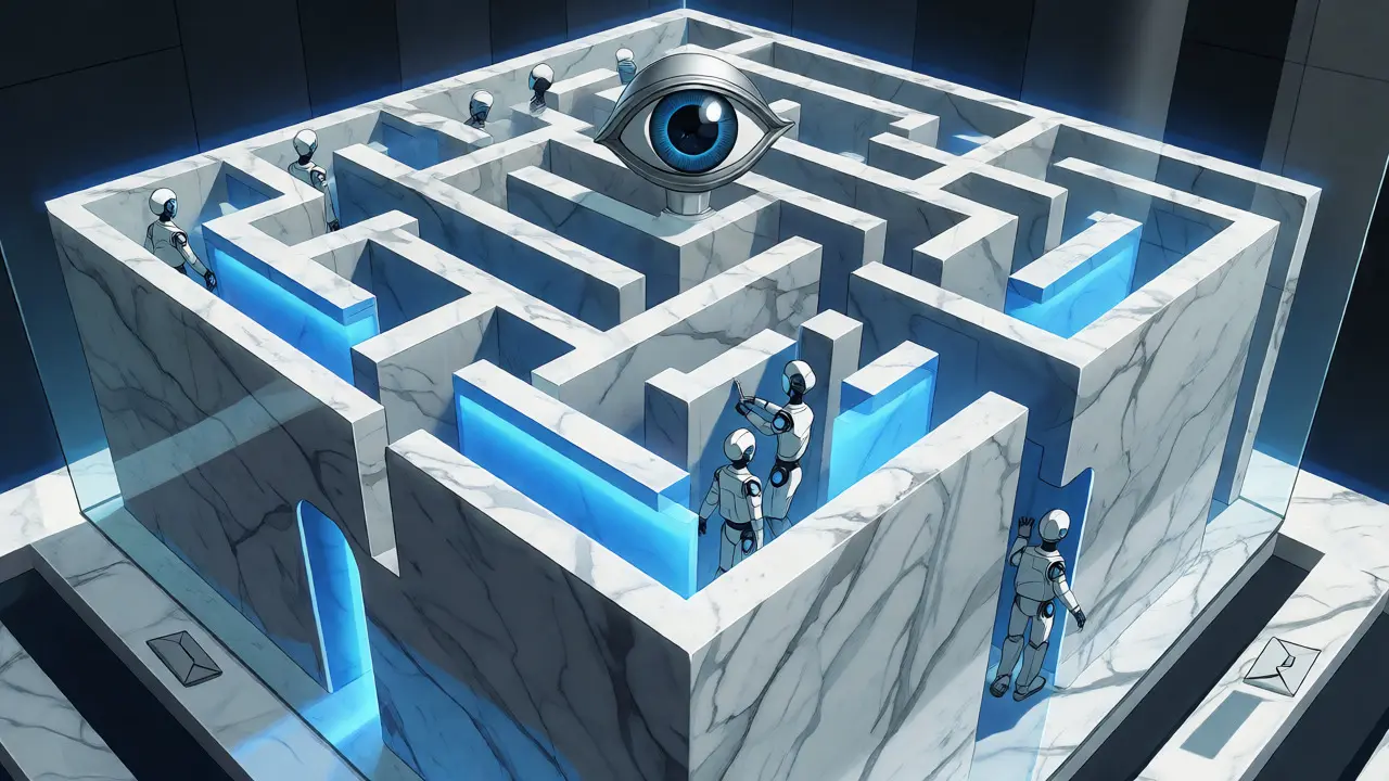 Robots moving through a white maze inside a glass cube, symbolizing private ledger privacy and control.