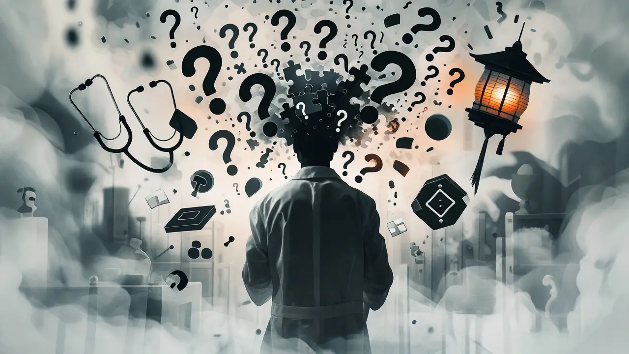 Silhouette of a scientist with a cloud of question marks for a head in a foggy abstract lab.