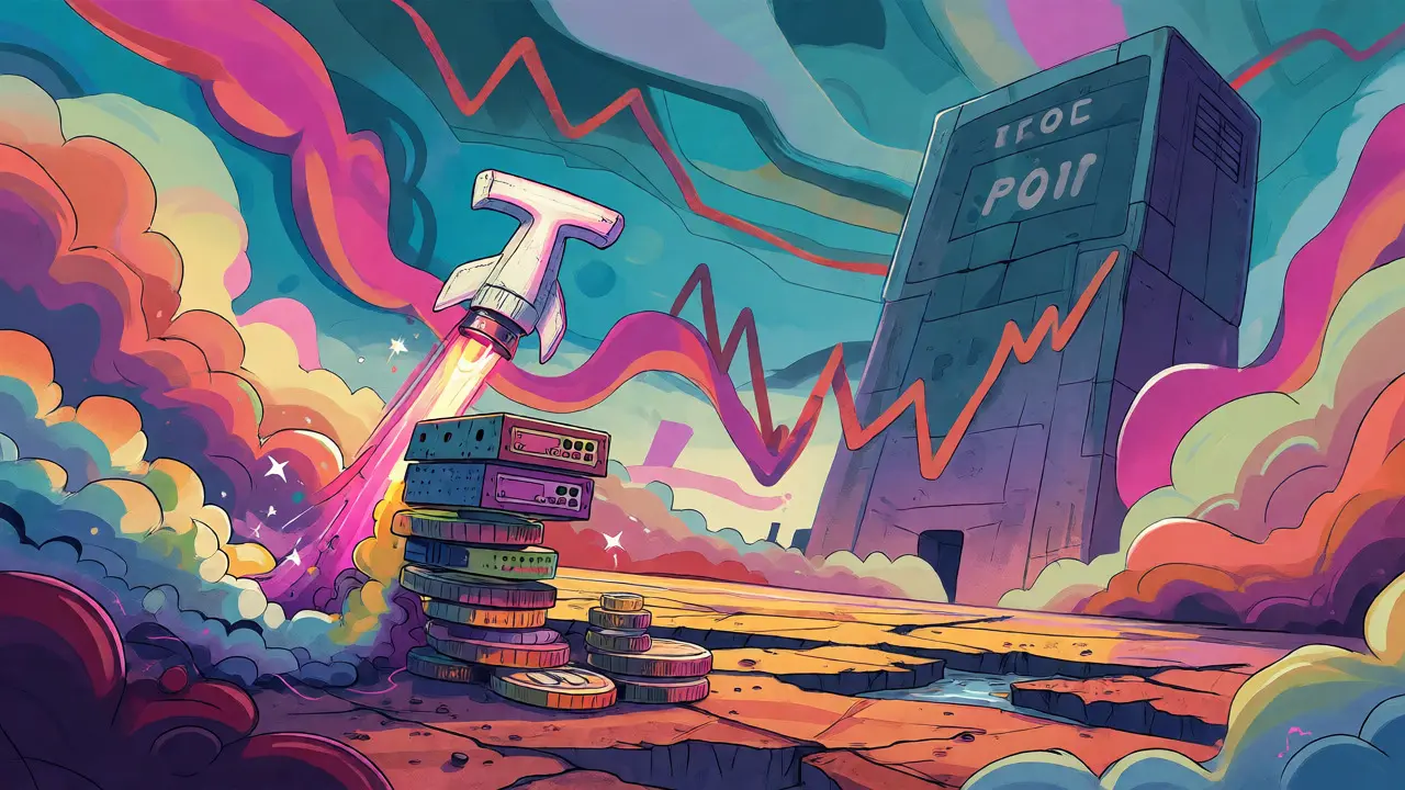 Small tau-shaped rocket launching from coin stacks toward a giant tower.