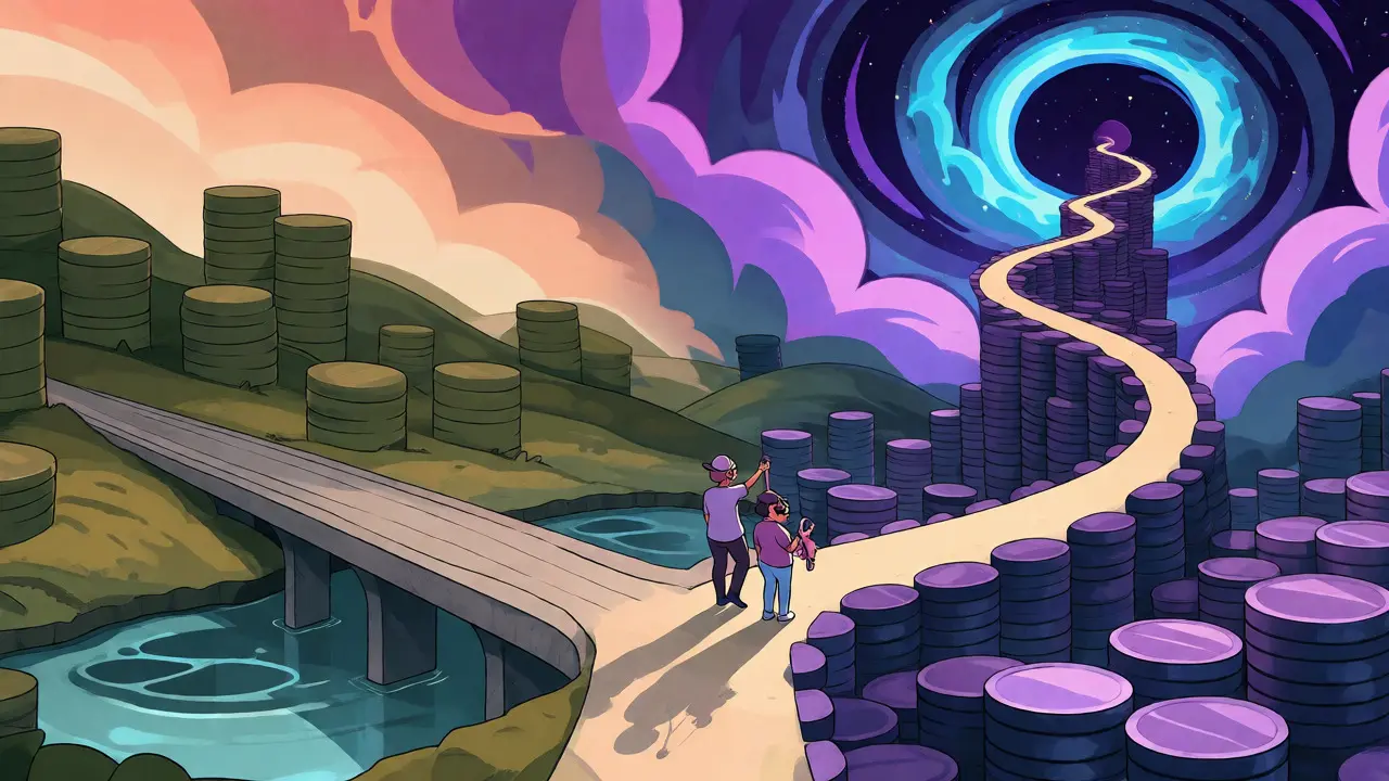 Split-path landscape showing a simple bridge versus a complex spiral staircase among coin hills.