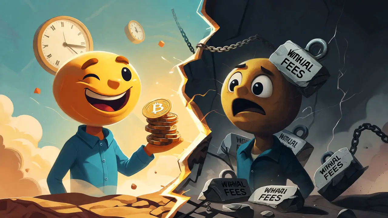 Split surreal scene contrasting happy and frustrated traders regarding SatoExchange fees and trust.