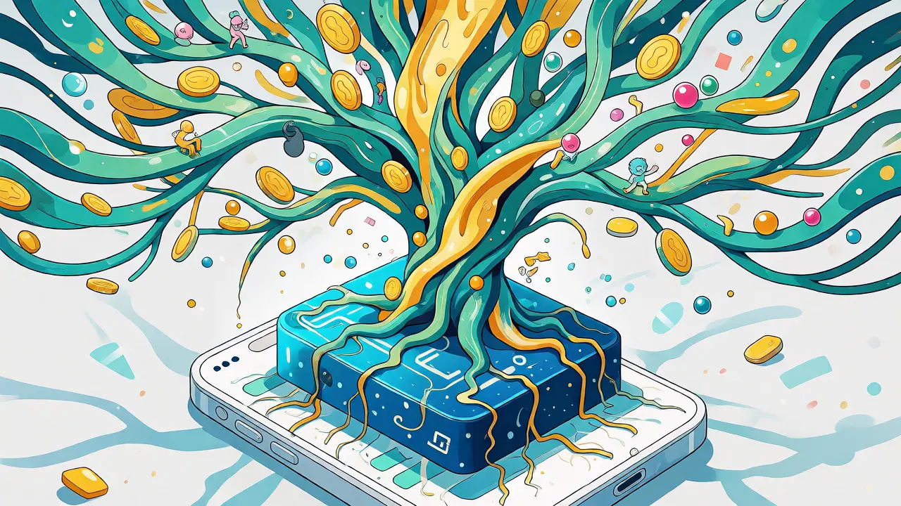 Stylized tree growing from a phone interface with users interacting with data stream branches.