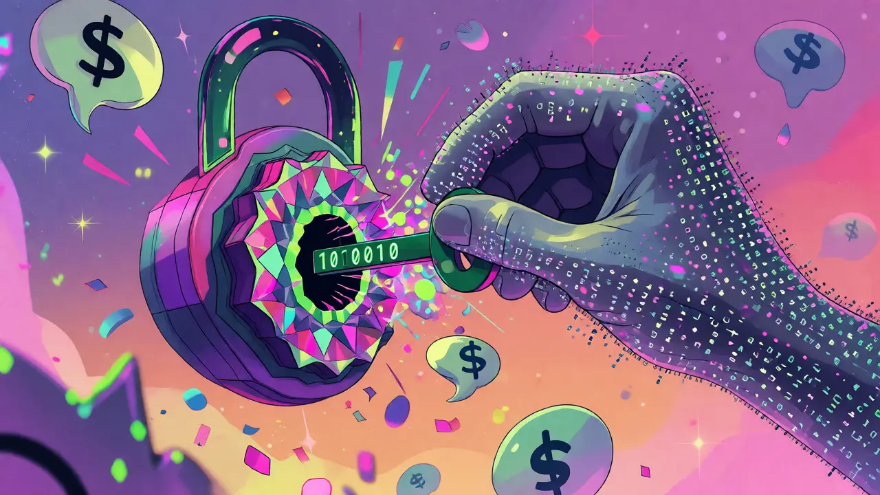 Surreal cartoon art showing a code-hand solving a cryptographic lock with binary keys.