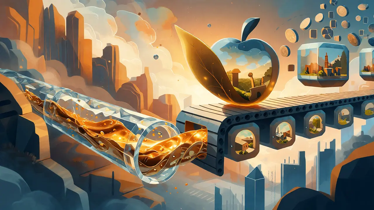 Surreal cartoon art showing blockchain-enabled supply chain transparency and instant financial flows.