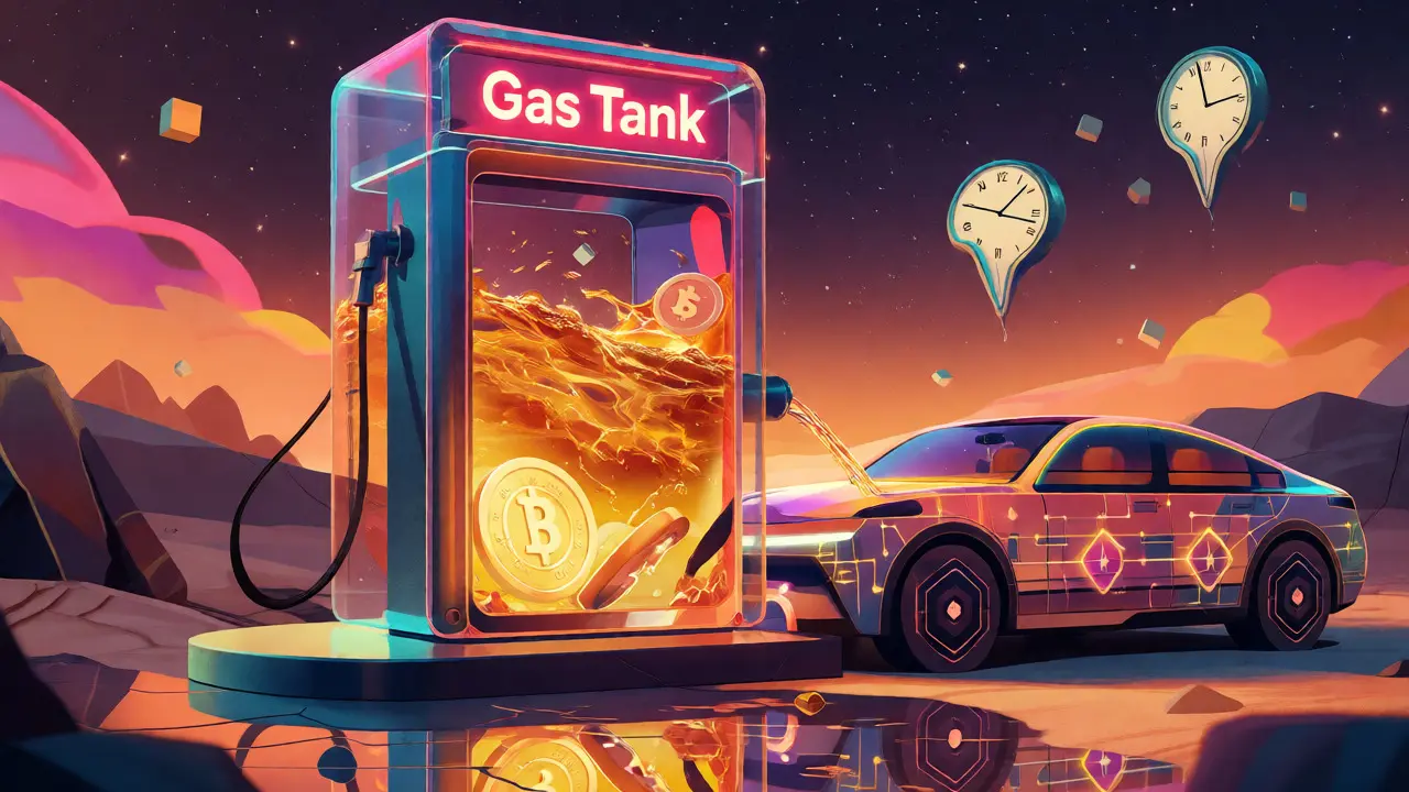 Surreal cartoon of a vehicle fueled by golden liquid stablecoins instead of traditional gas.