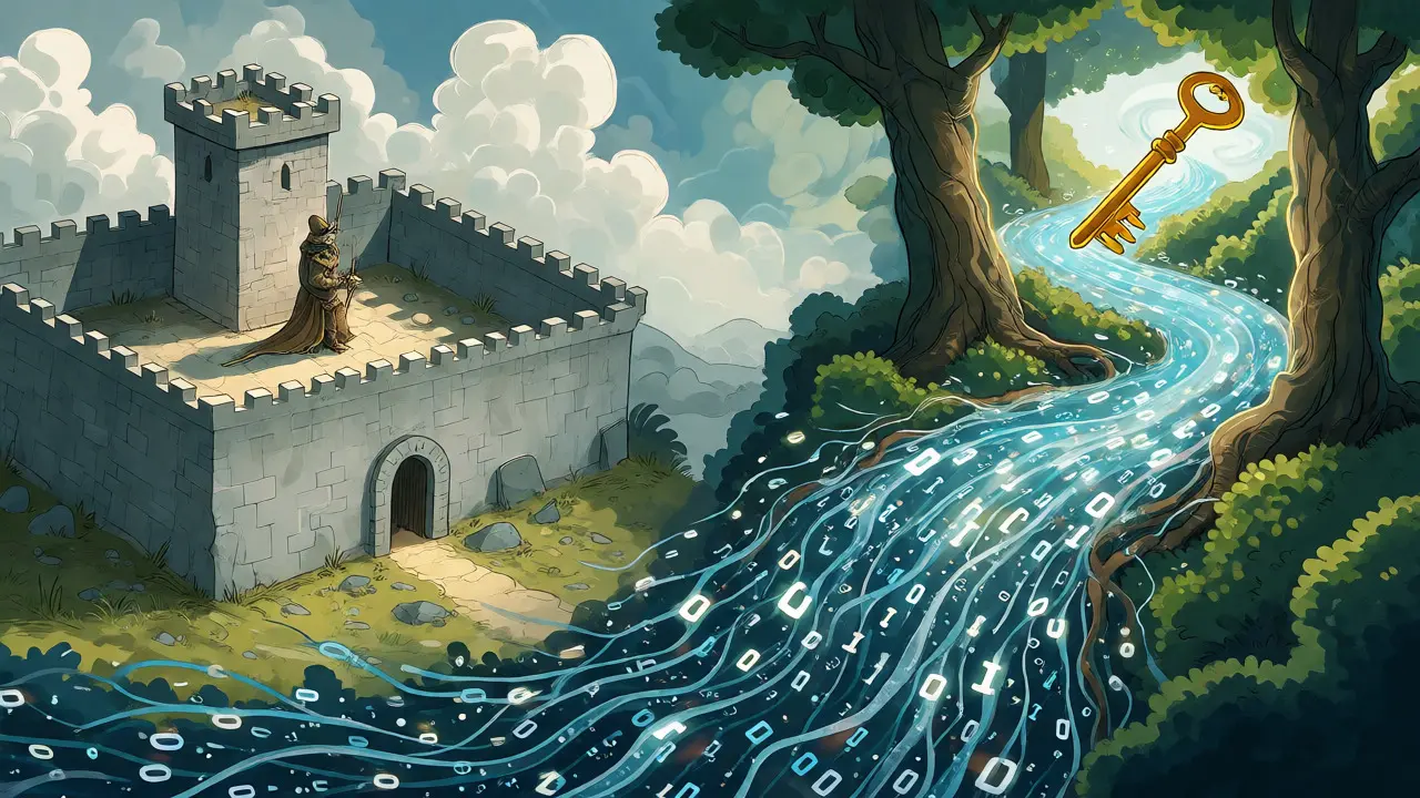Surreal comparison between a rigid centralized fortress and a flowing, resilient decentralized data river.