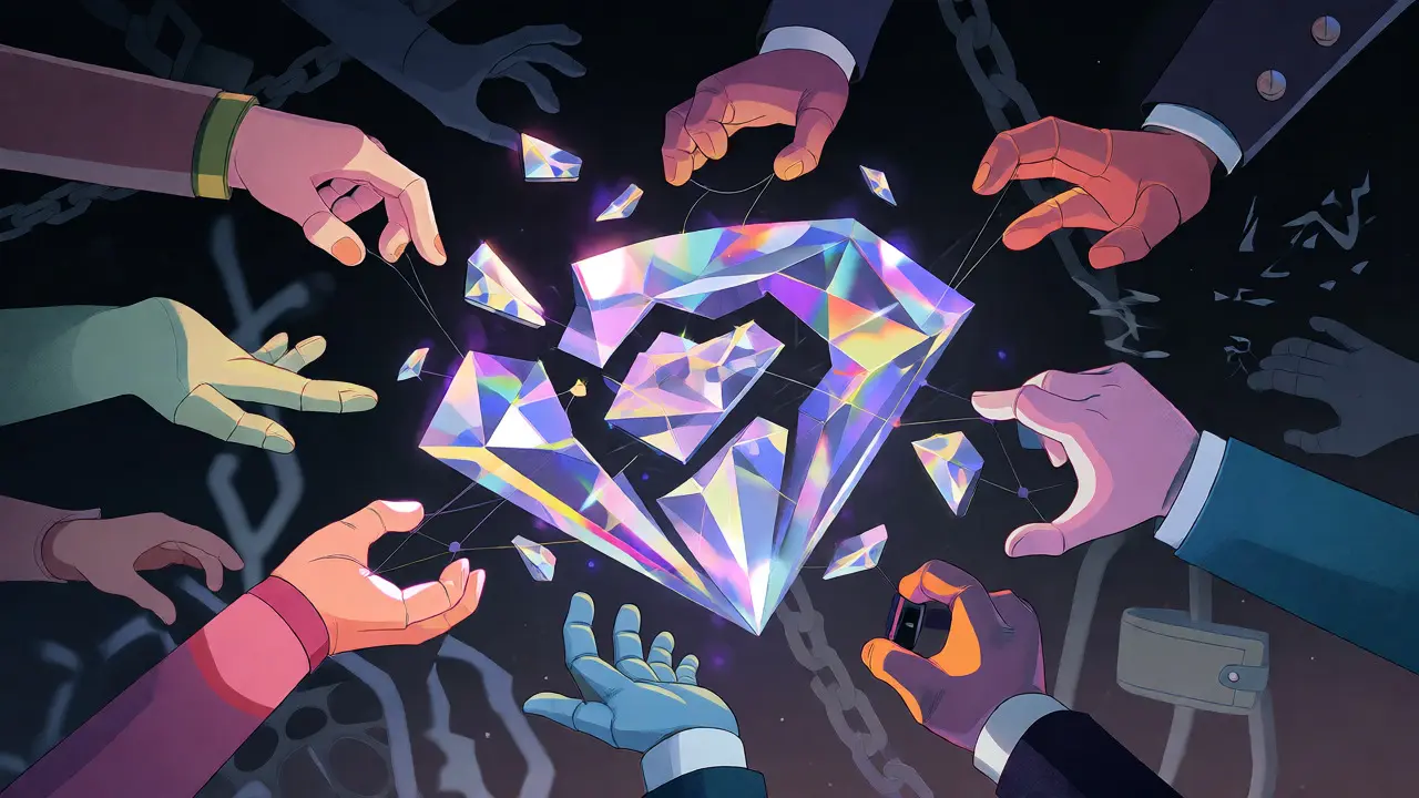 Surreal depiction of Multi-Party Computation where multiple entities hold fragments of a key.
