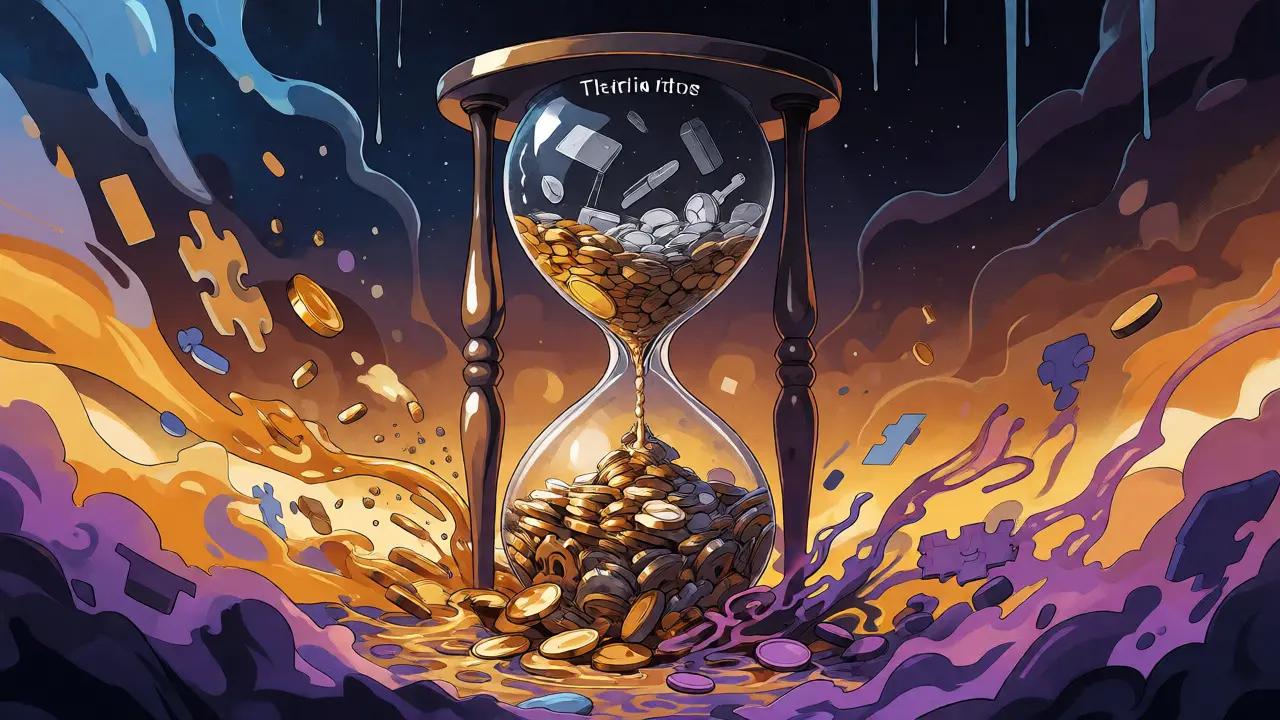 Surreal hourglass scene depicting crypto token recovery and mining phases