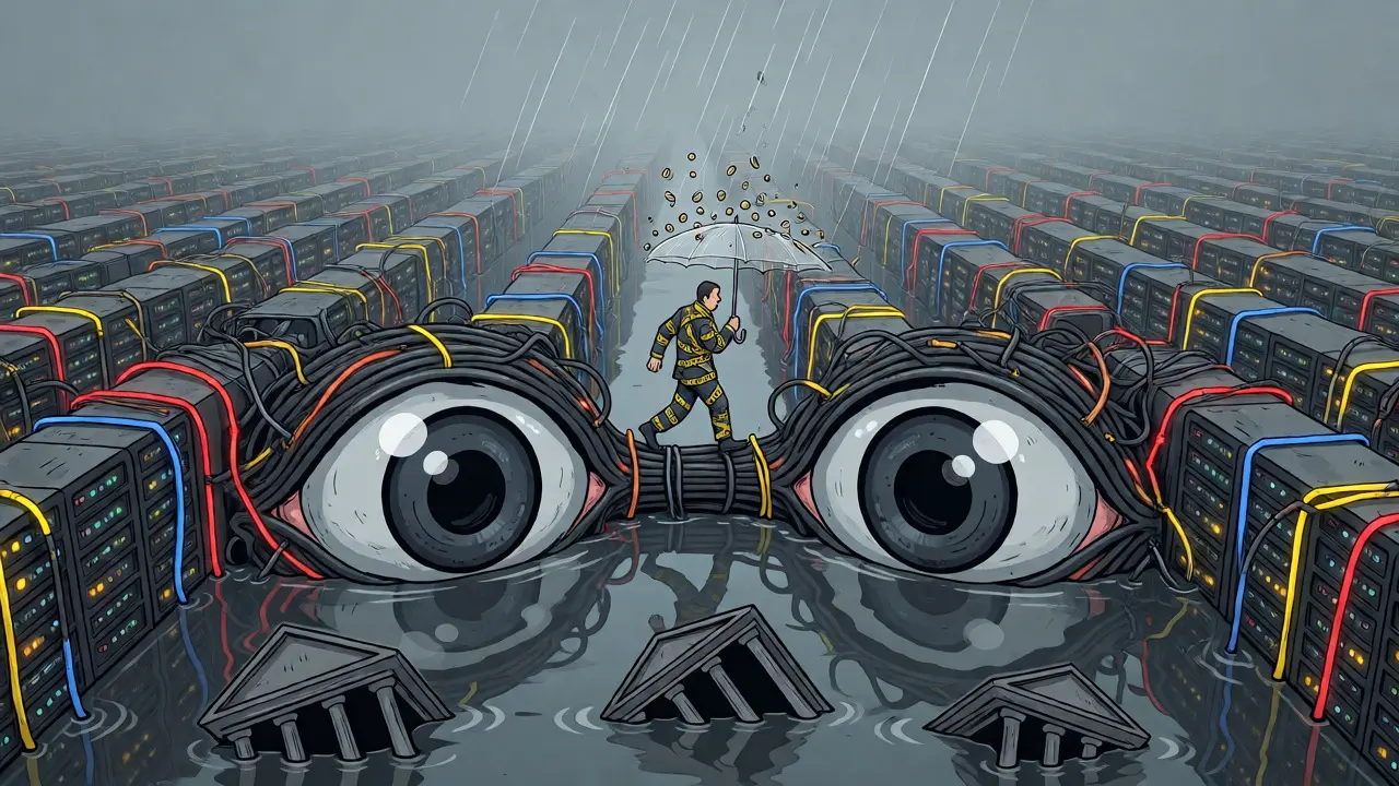 Surreal maze of fiber-optics with a suited figure walking on a beam beneath surveillance camera eyes.