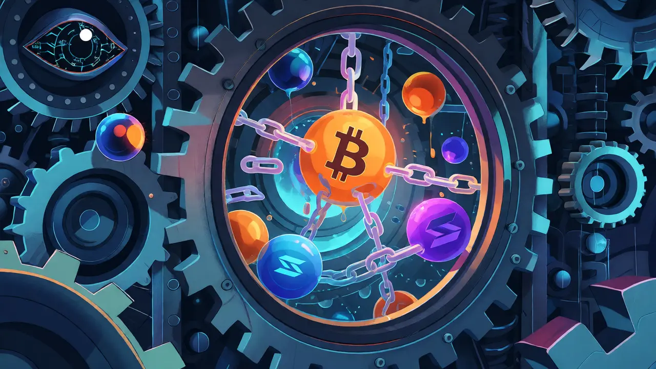 Surreal mechanical vault containing suspended crypto spheres monitored by a data-stream eye.