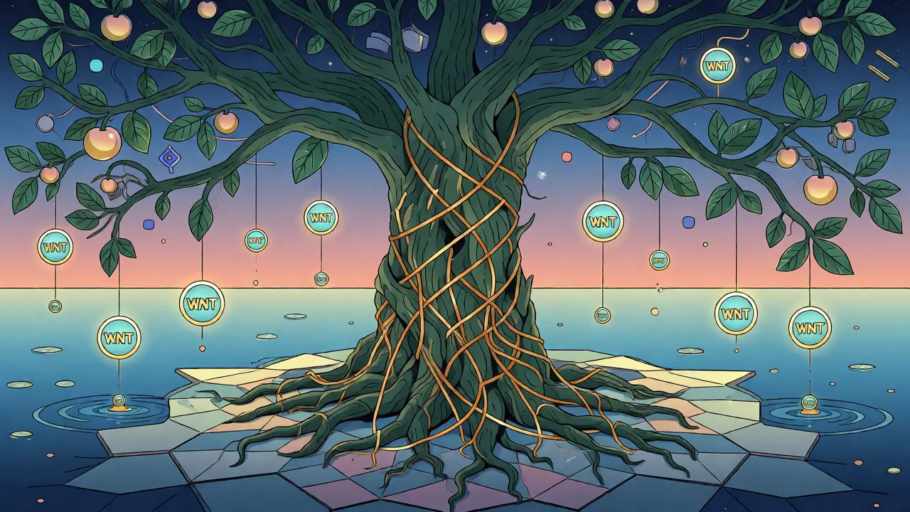 Surreal tree growing from polygon tiles, with glowing tokens falling like fruit to represent stable emissions.