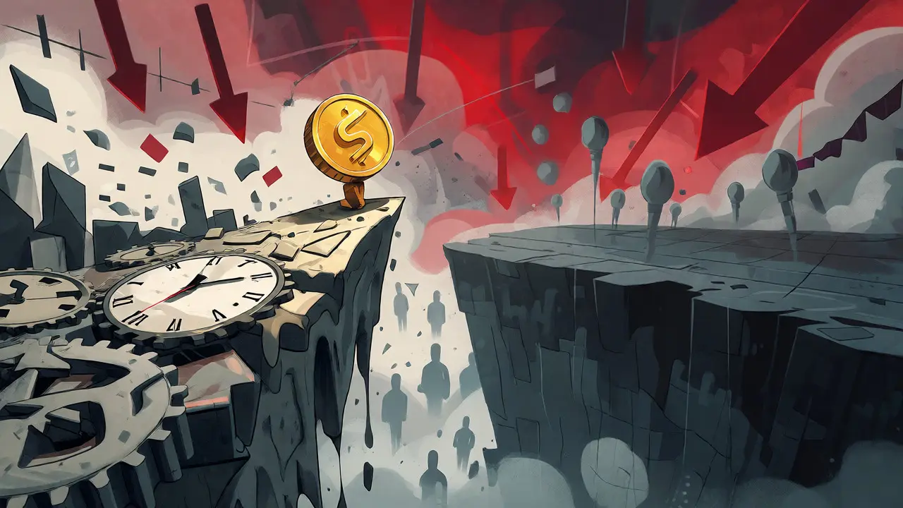 Tiny golden coin balancing on a crumbling cliff edge over a dark abyss representing low liquidity.