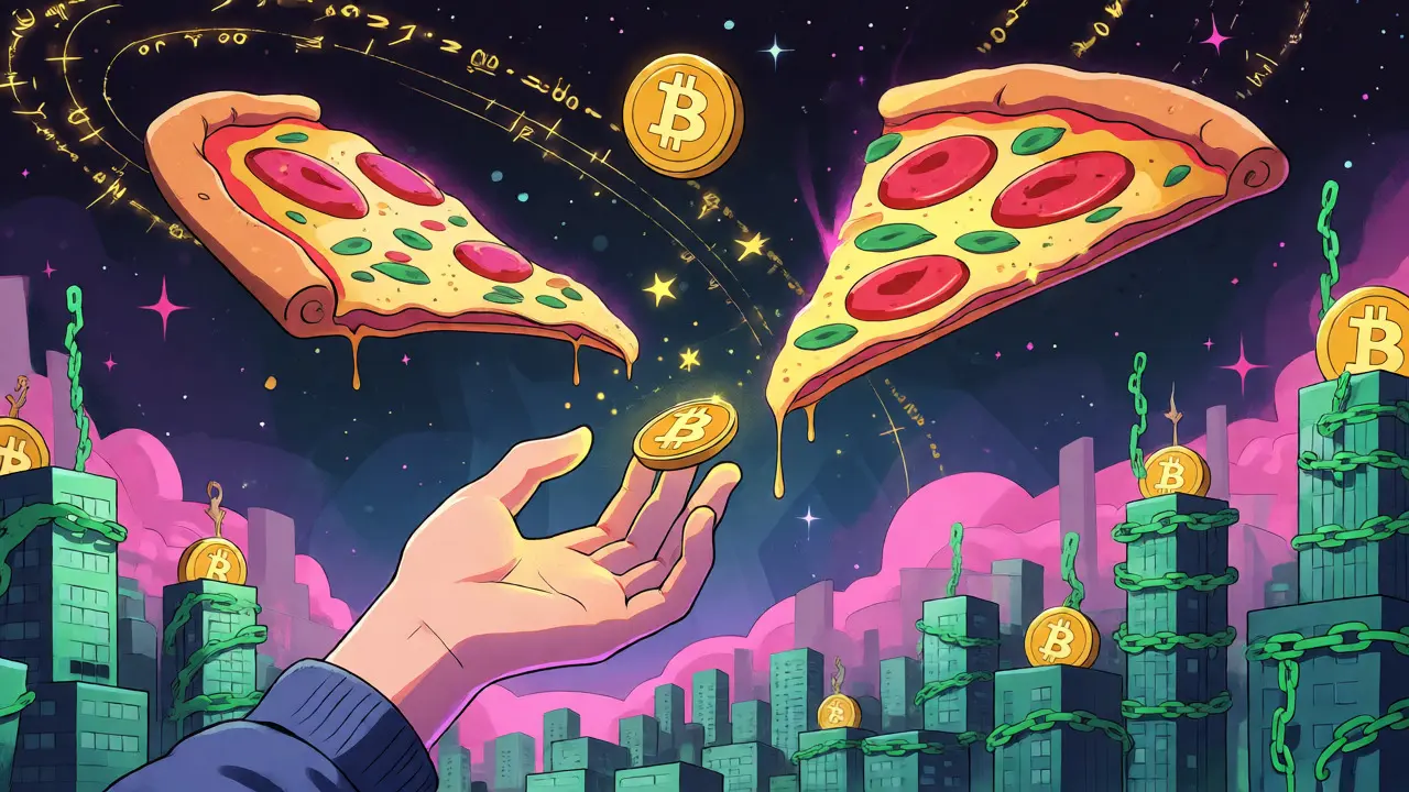 Whimsical cosmic scene with floating pizzas and Bitcoin symbols depicting the first purchase