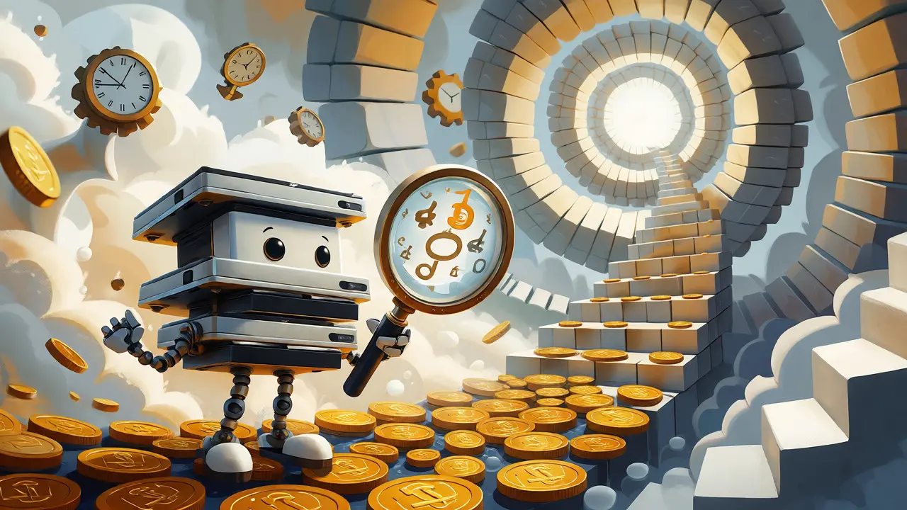 Whimsical robot node validating transactions in a surreal block chain.