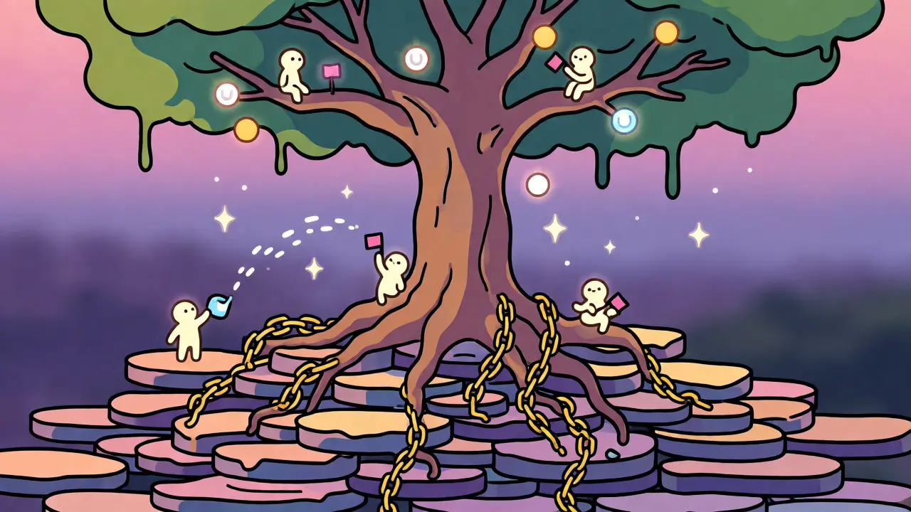 Whimsical tree growing from coins symbolizing staking and yield farming